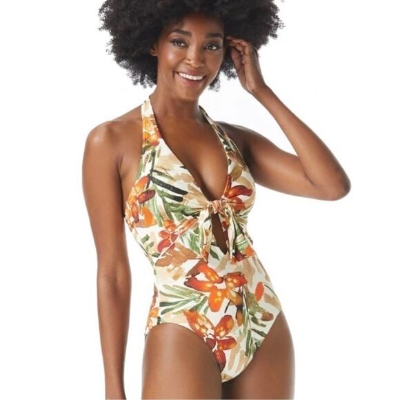 VINCE CAMUTO Printed Plunging Halter One-Piece Swimsuit ivory size 6 New - Picture 2 of 15